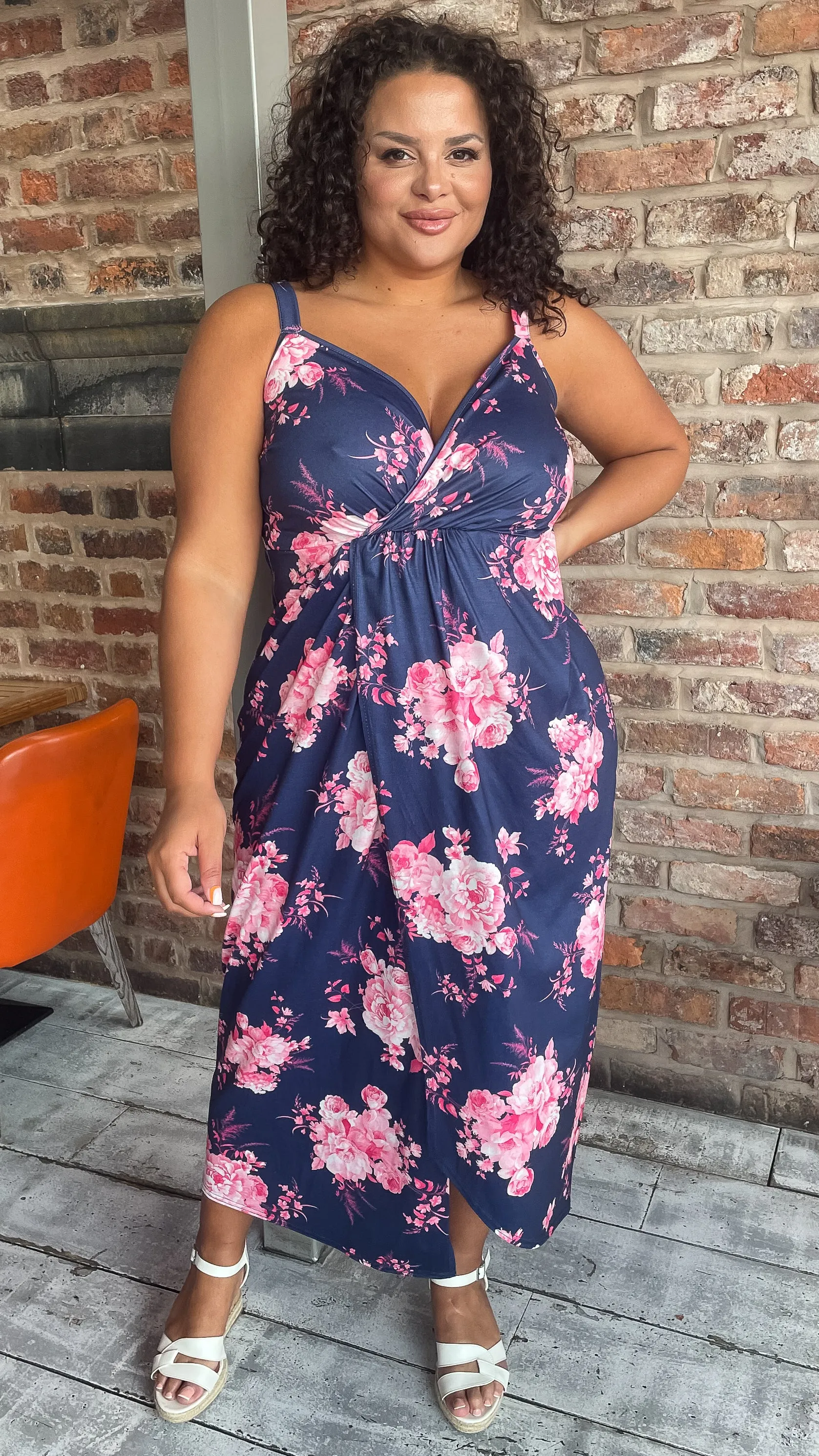 CurveWow Wrap Maxi Dress Navy Pink Floral