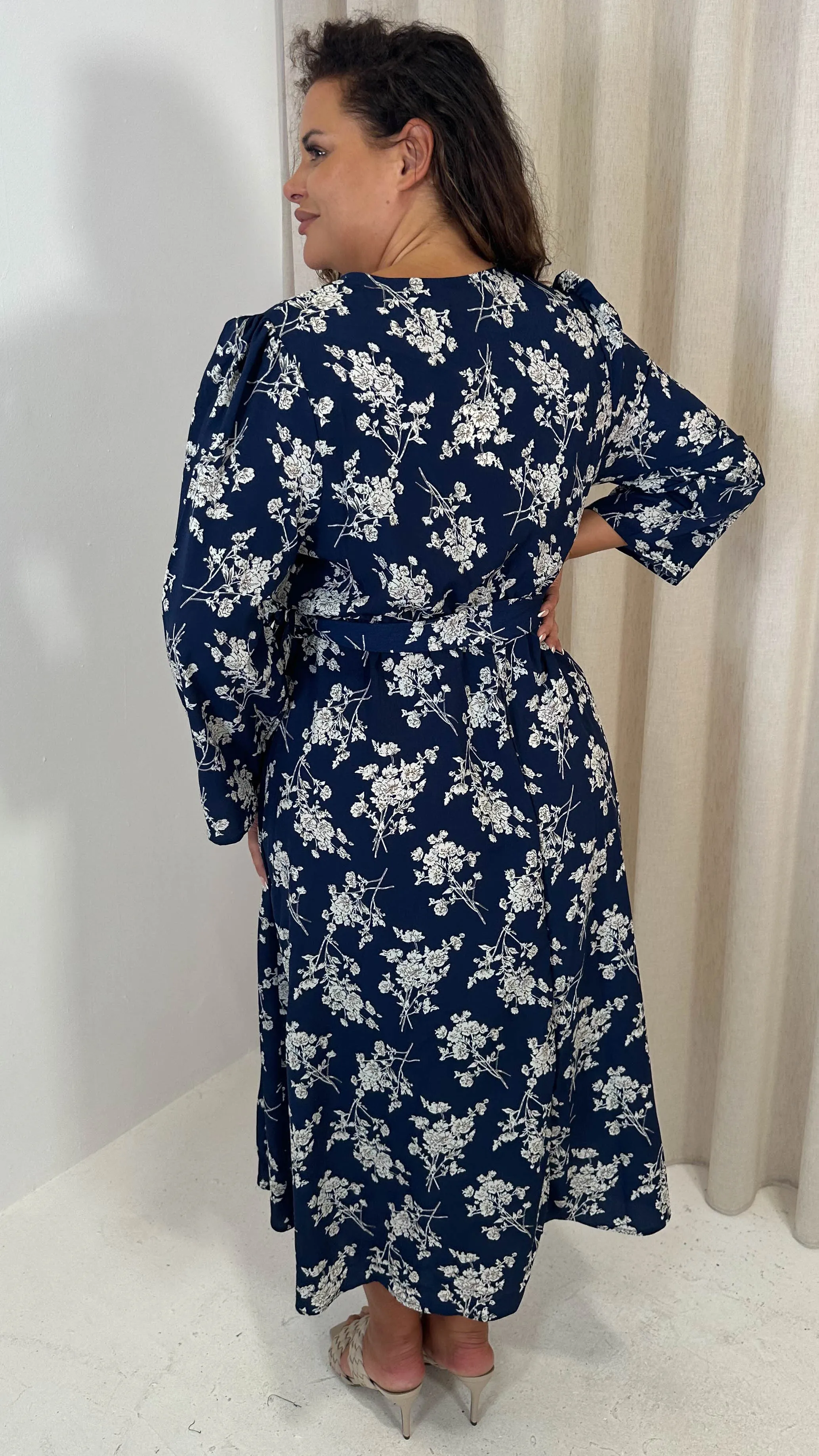 CurveWow Wrap Waist Tie Midi Dress Navy Floral