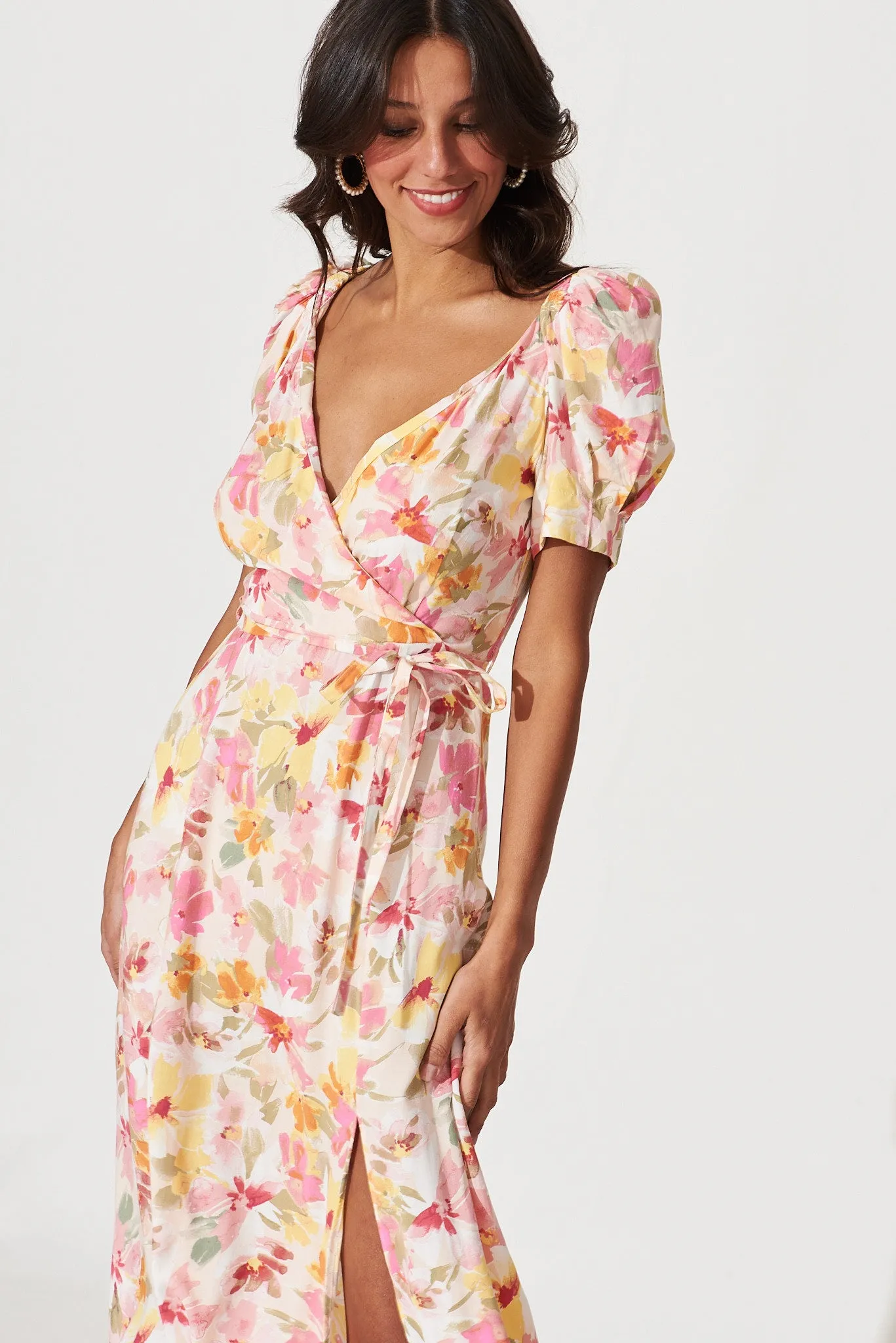Cyprus Midi Dress In Pink With Multi Floral
