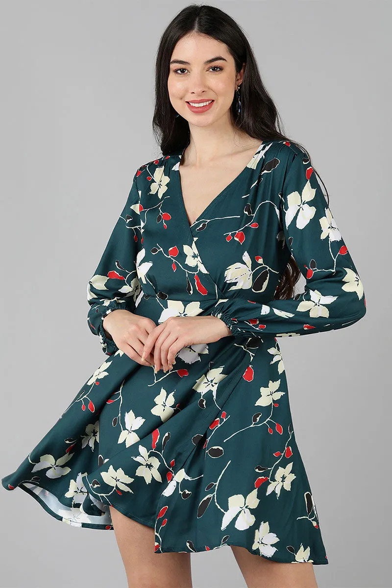 Dark Teal Green Polyester Printed Wrap-Style Short Dress