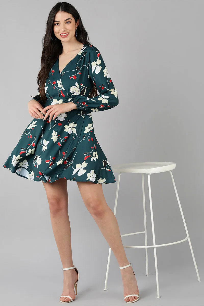 Dark Teal Green Polyester Printed Wrap-Style Short Dress