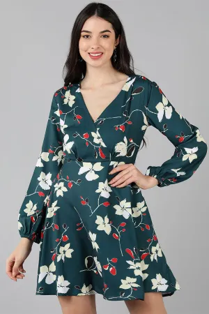 Dark Teal Green Polyester Printed Wrap-Style Short Dress