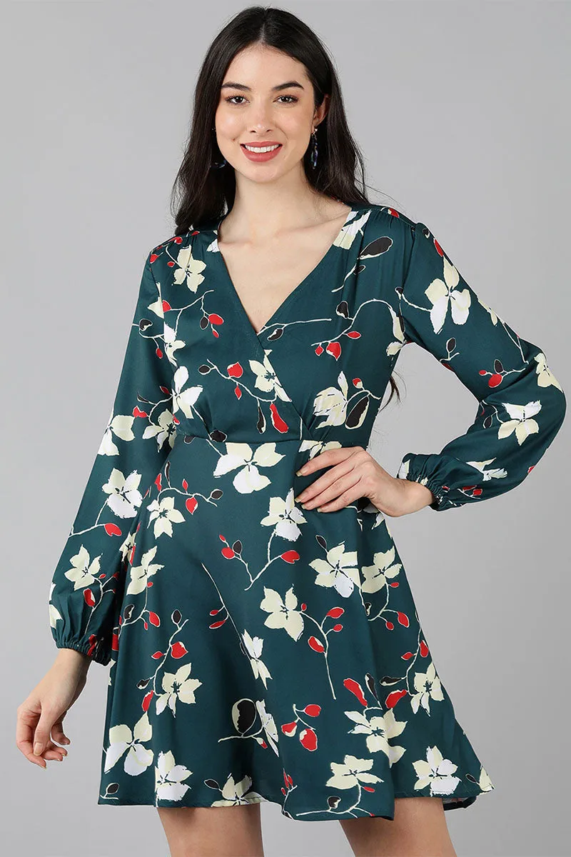 Dark Teal Green Polyester Printed Wrap-Style Short Dress