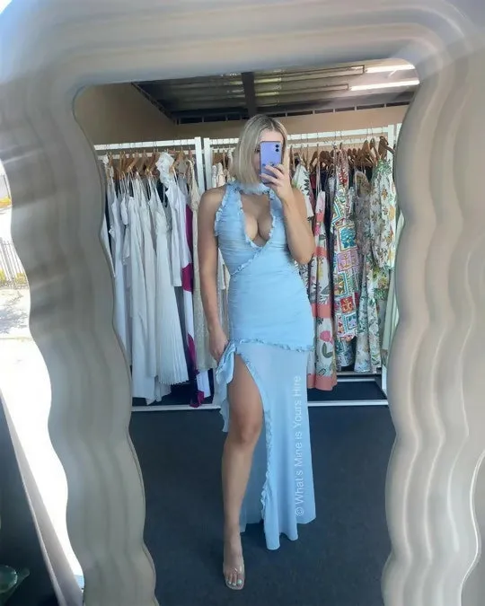 De La Vali Lilith Ruched Maxi Dress in Blue Chiffon