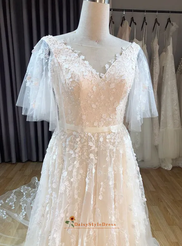 Deep V-back Boho Lace Summer Wedding Dress