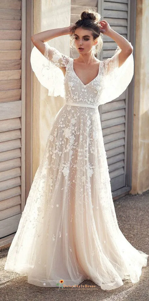 Deep V-back Boho Lace Summer Wedding Dress