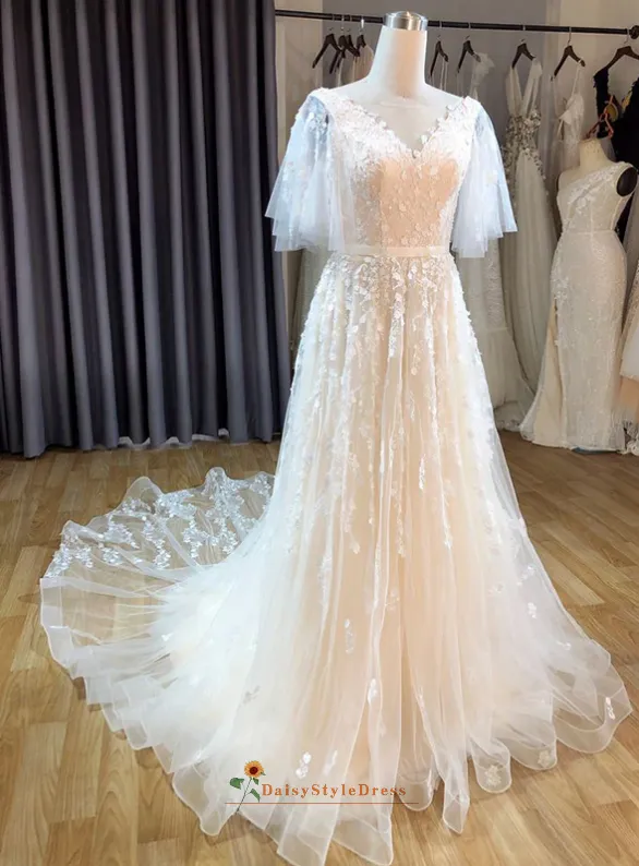 Deep V-back Boho Lace Summer Wedding Dress
