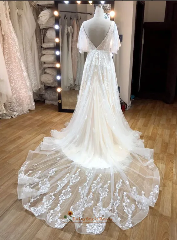 Deep V-back Boho Lace Summer Wedding Dress