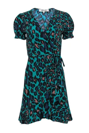 Diane von Furstenberg - Dark Teal & Multicolor Leopard Print Puff Sleeve Wrap Dress Sz XS