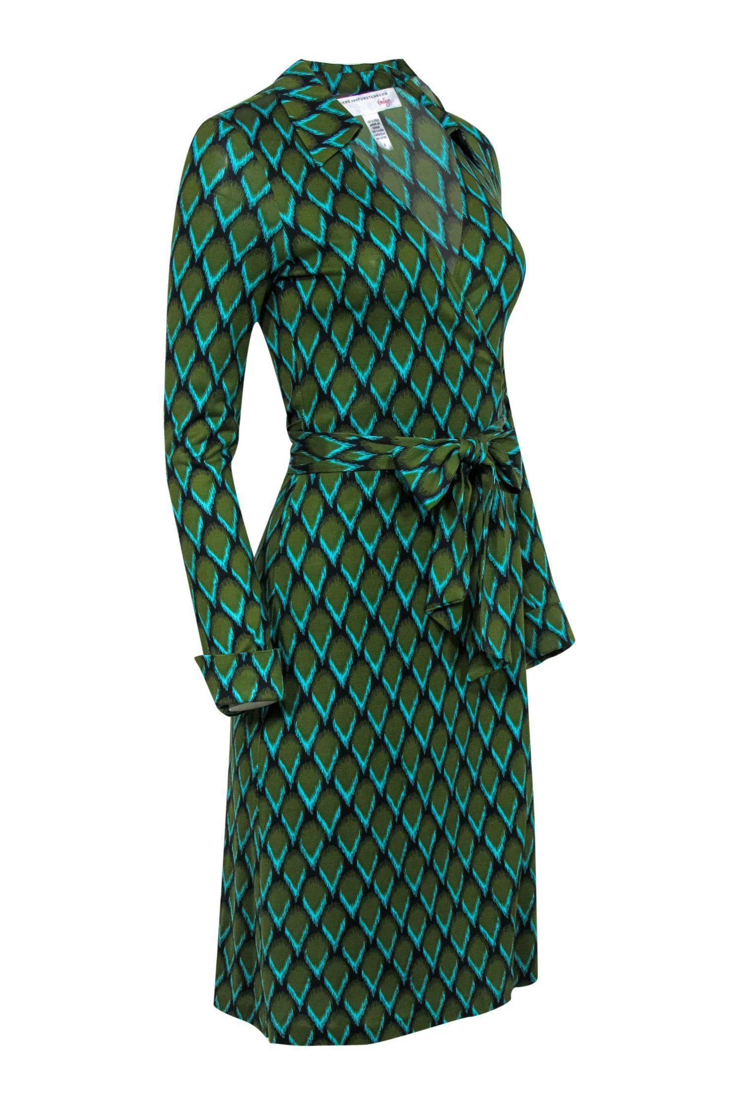 Diane von Furstenberg - Green & Blue Scale Printed Silk Wrap Dress Sz 6