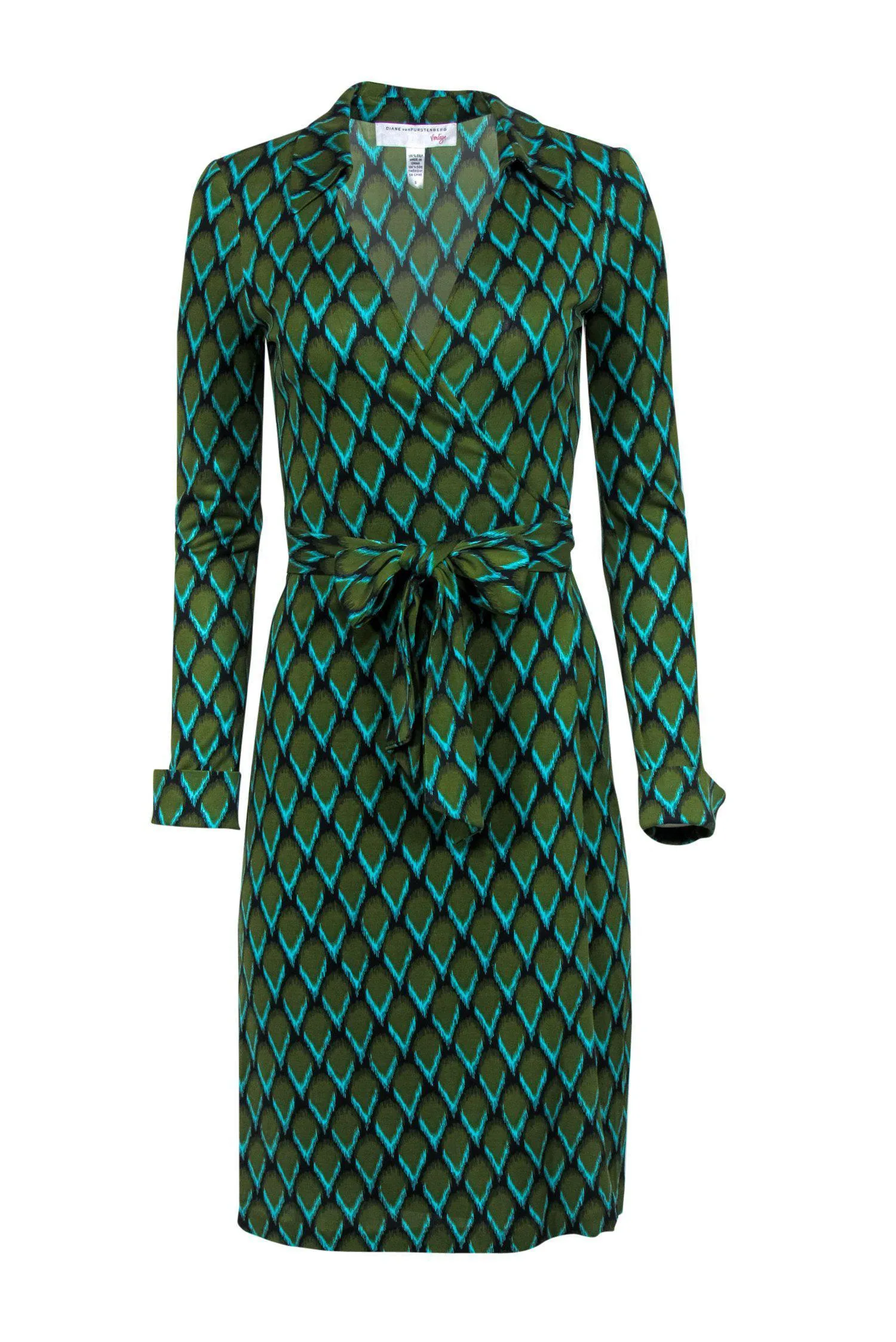 Diane von Furstenberg - Green & Blue Scale Printed Silk Wrap Dress Sz 6