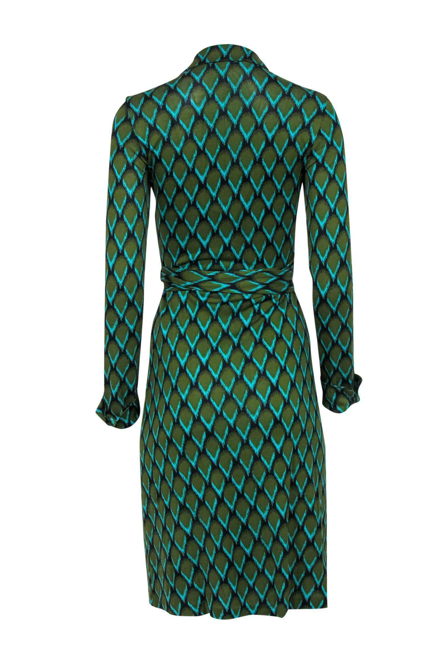 Diane von Furstenberg - Green & Blue Scale Printed Silk Wrap Dress Sz 6