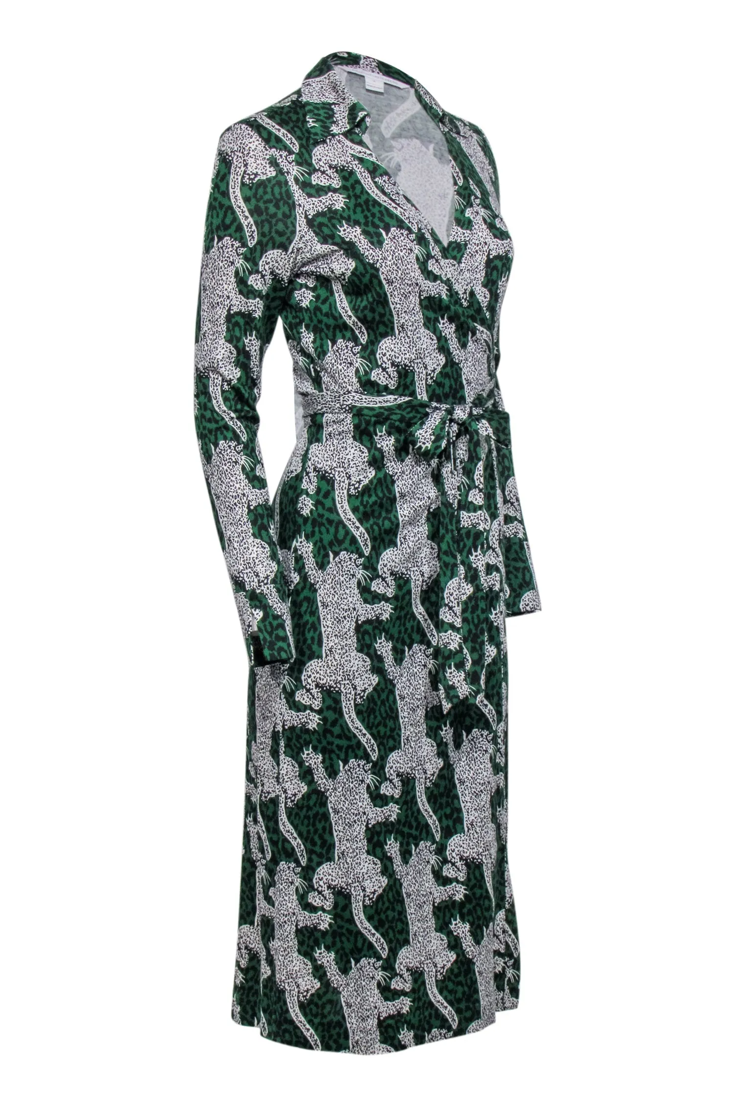 Diane von Furstenberg - Green w/ White & Black Leopards Wrap Dress Sz 8