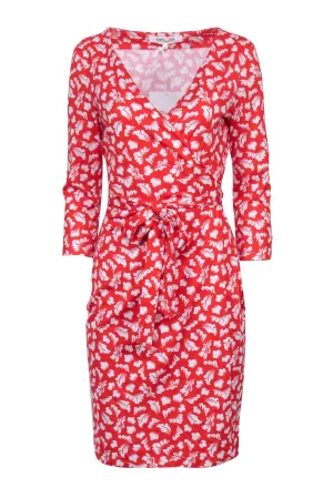 Diane von Furstenberg - Red & White Leaf Print Wrap Dress Sz 8