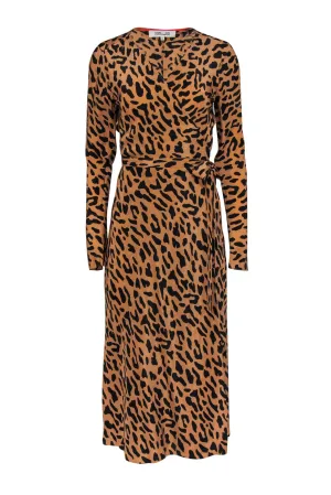 Diane von Furstenberg - Tan & Black Leopard Print Silk Wrap Maxi Dress Sz 8