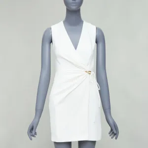 DION LEE white textured gold hardware ruched wrap dress UK6 XS