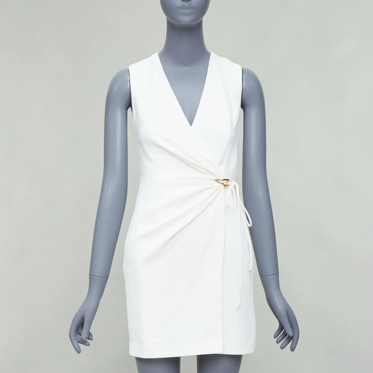 DION LEE white textured gold hardware ruched wrap dress UK6 XS