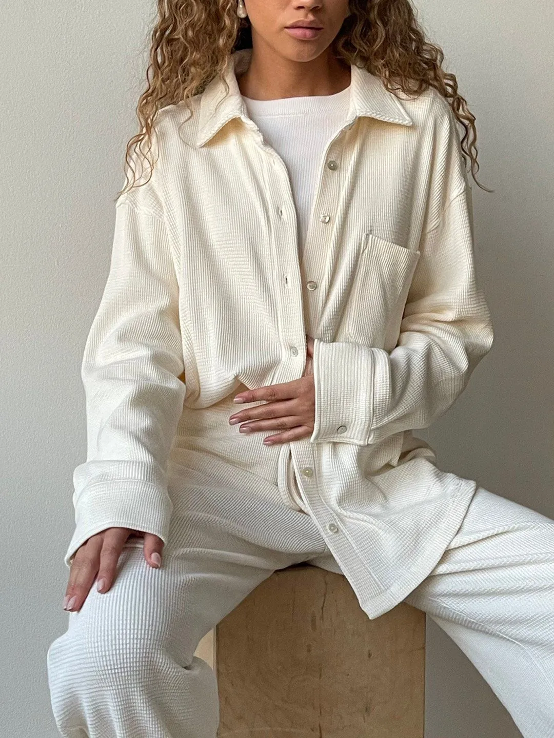 Donni Thermal Button Down Shirt- Creme