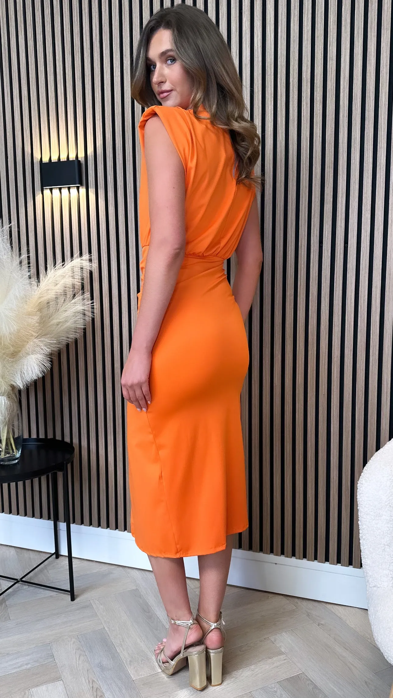 Doreen Orange High Neck Wrap Style Midi Dress