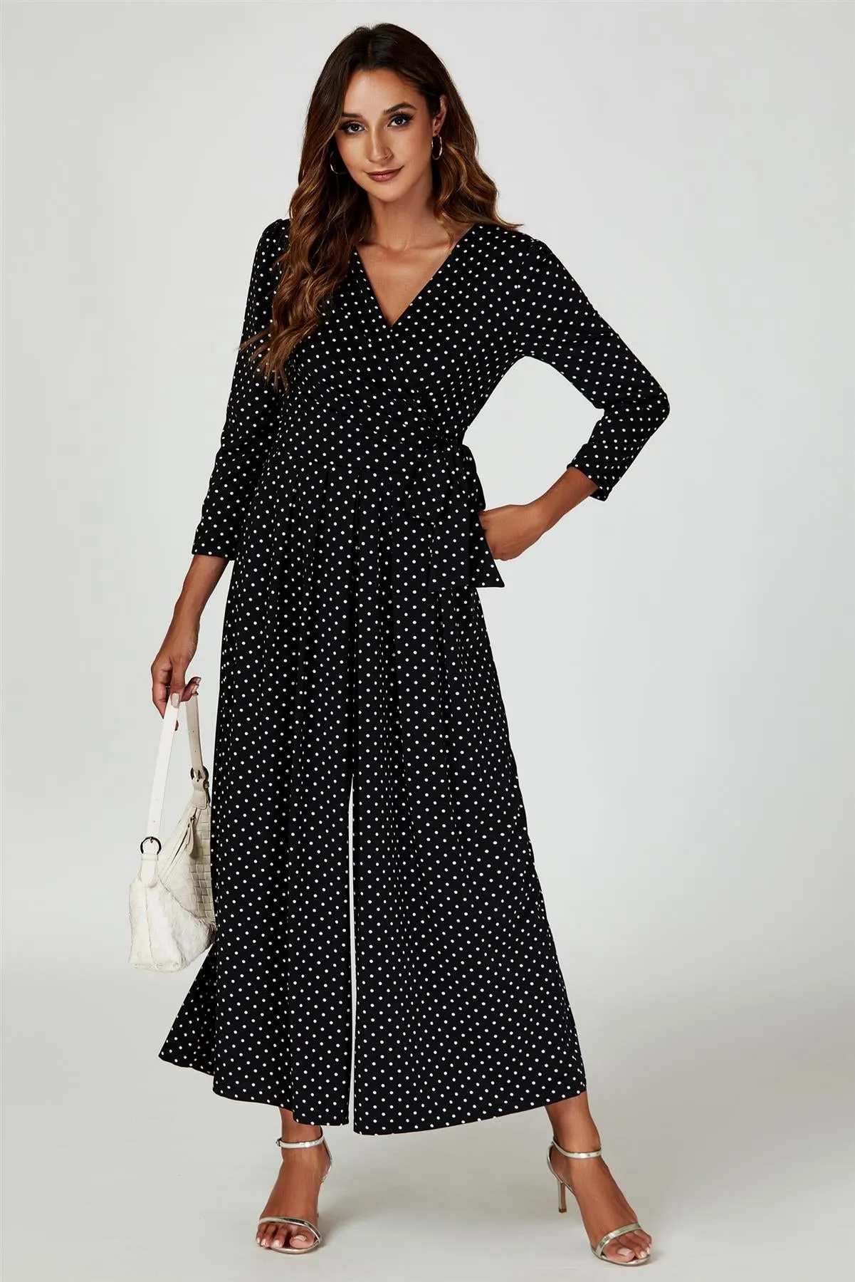 Dot Print Wrap Top Jumpsuit Dress In Black
