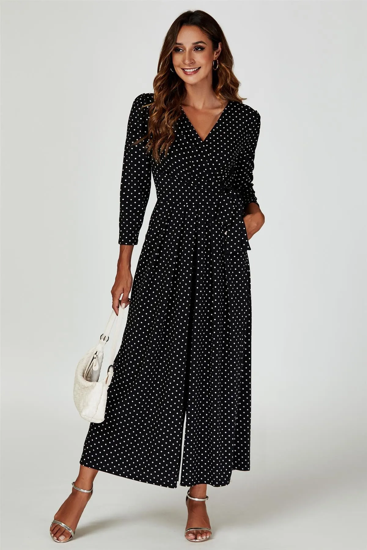 Dot Print Wrap Top Jumpsuit Dress In Black