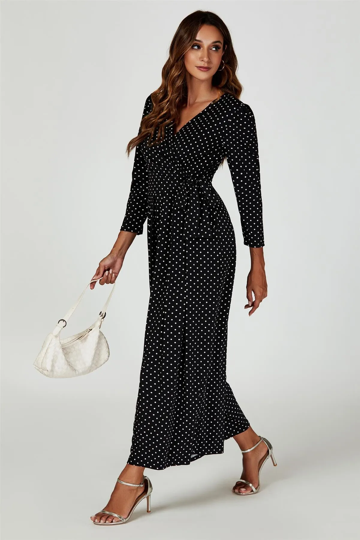 Dot Print Wrap Top Jumpsuit Dress In Black