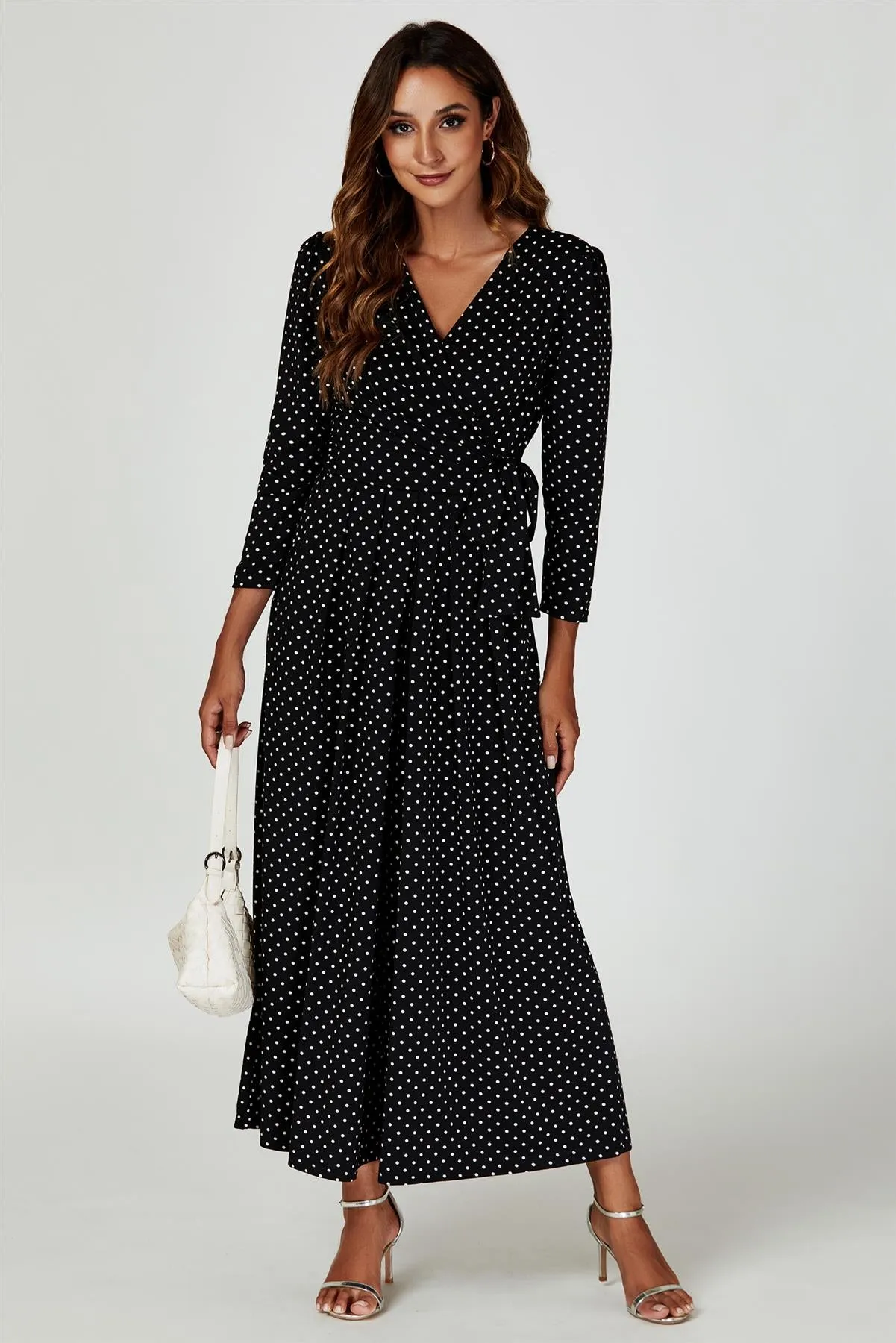 Dot Print Wrap Top Jumpsuit Dress In Black