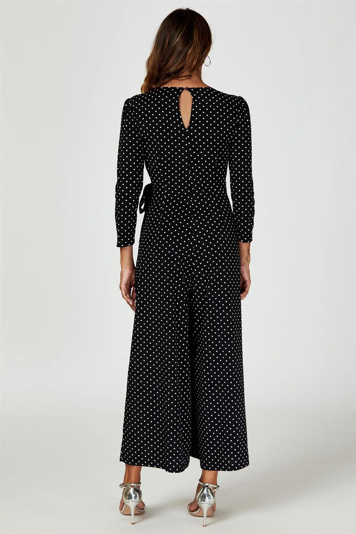 Dot Print Wrap Top Jumpsuit Dress In Black