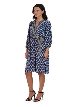Dress Tie Waist Midi Navy Multi - Sandra Darren