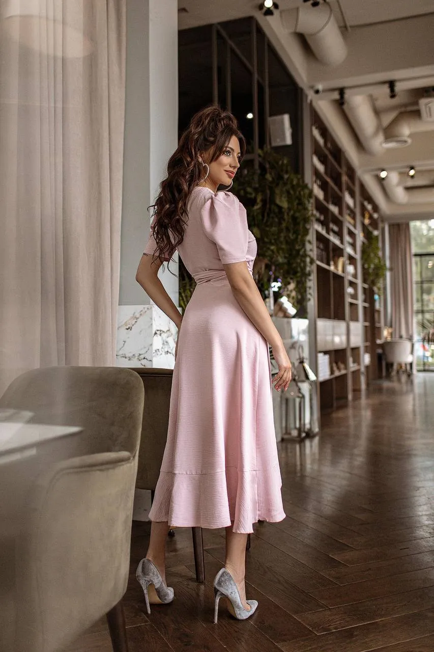 Dusty Pink Wrap Short Sleeve Midi Dress