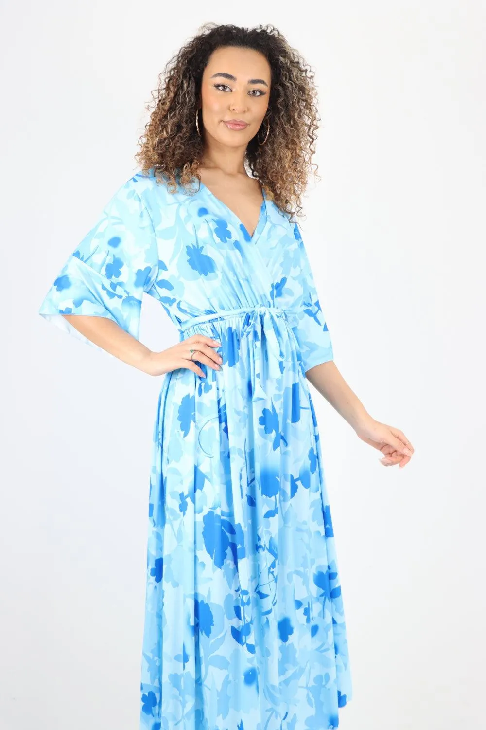 Elasticated Waist Tie Leaf Floral Printed Wrap Over Maxi Dress
