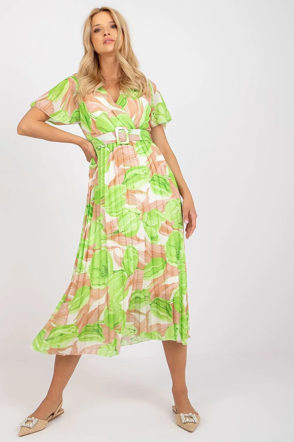 Elegant Frilled Sleeve Summer Dress with Chic Wrap Neckline by Daydress Italy Moda