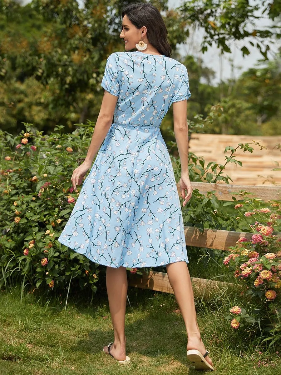 Elegant V Neck Shirring Sleeves Tiered Adjustable Wrap-Around Summer Dress