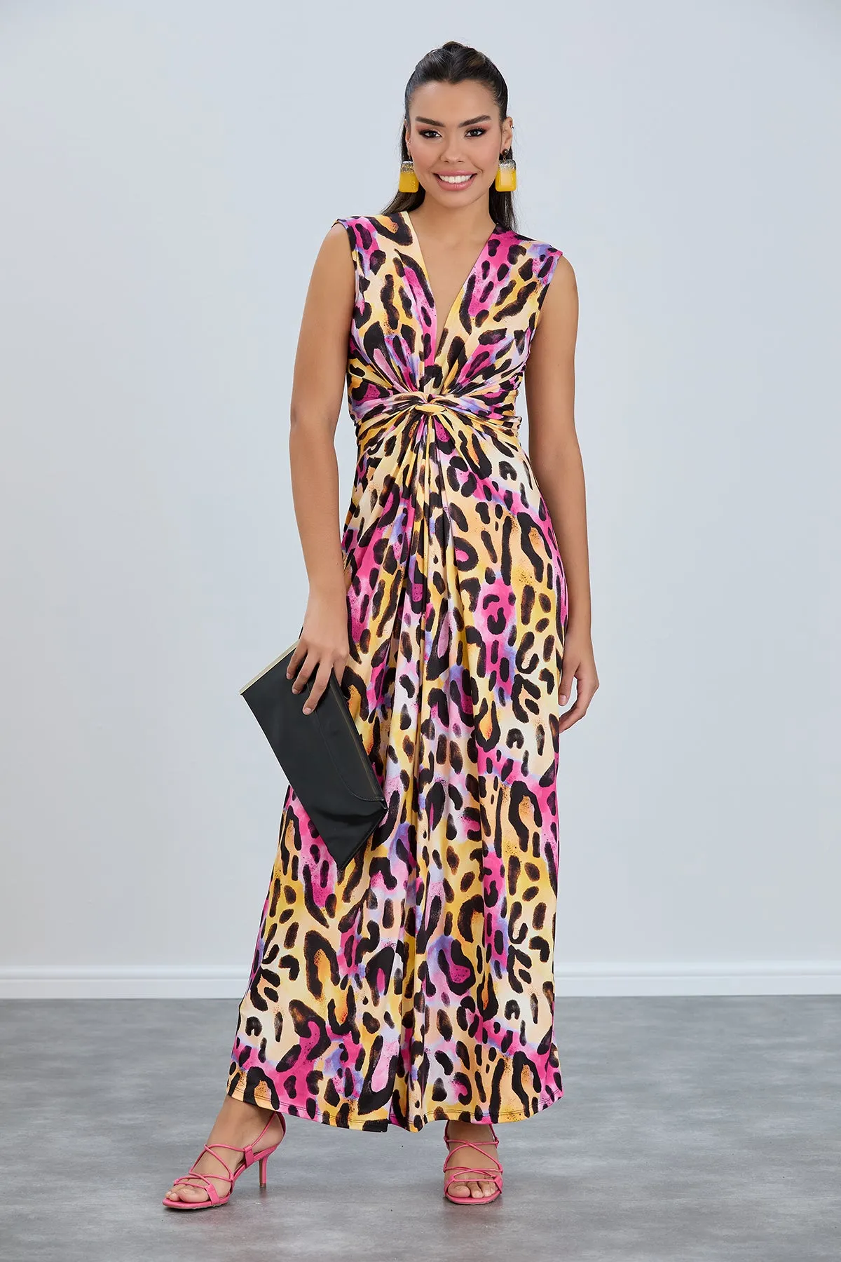 Ella Leopard Twist Maxi Dress in Pink