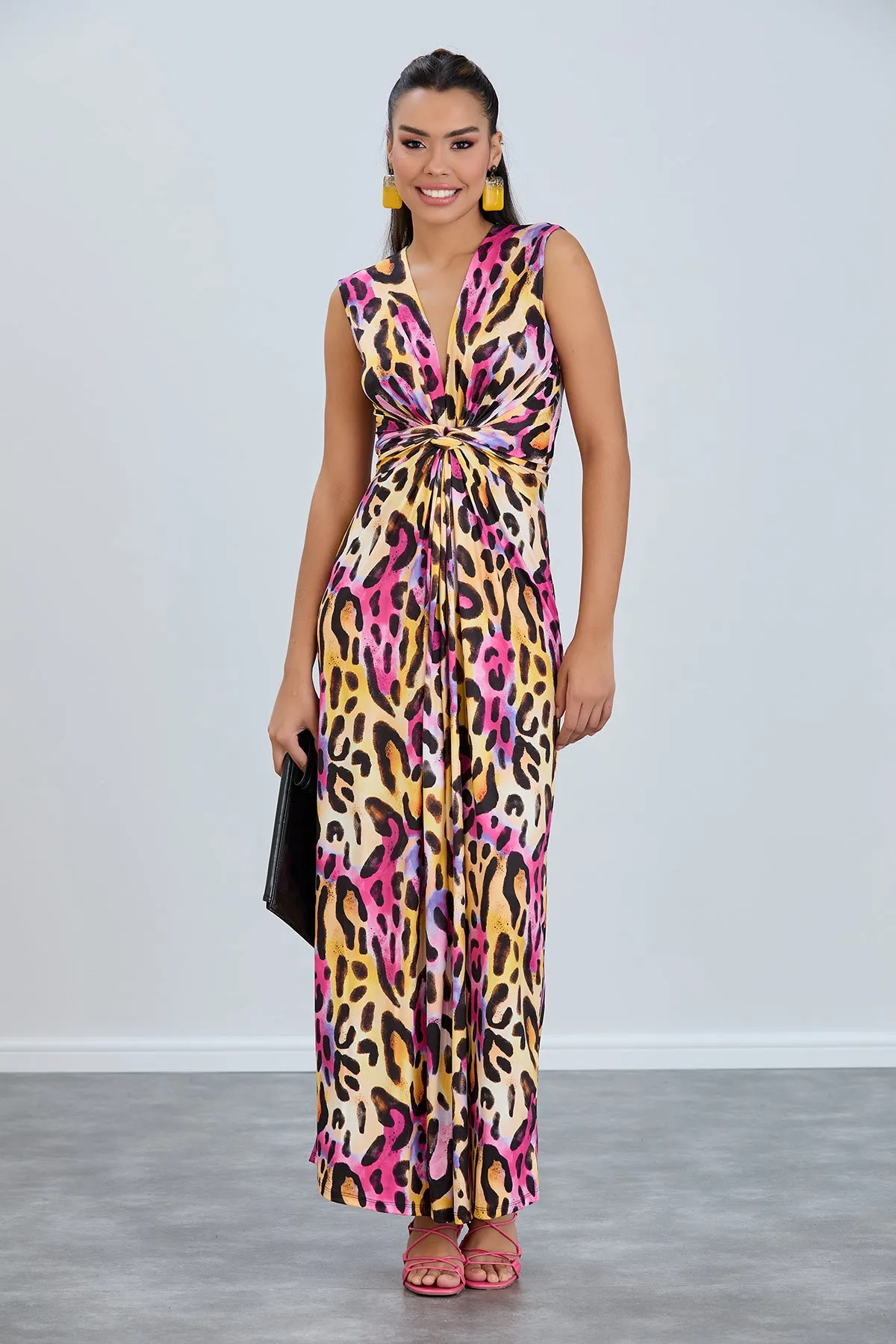 Ella Leopard Twist Maxi Dress in Pink