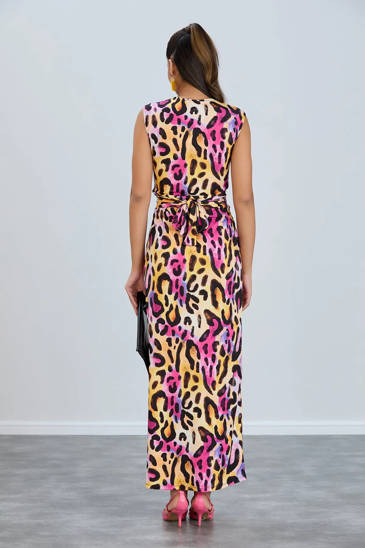 Ella Leopard Twist Maxi Dress in Pink
