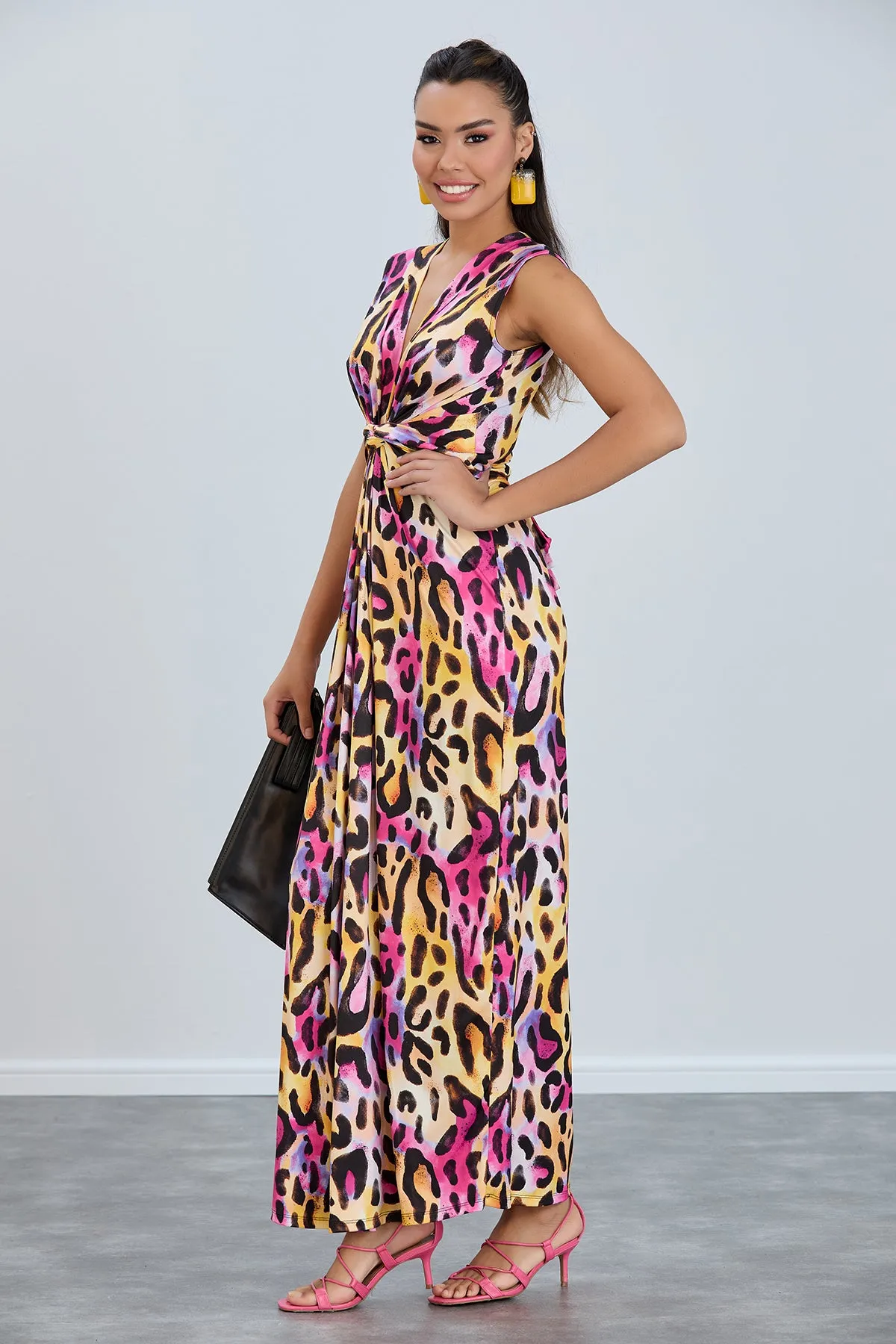 Ella Leopard Twist Maxi Dress in Pink