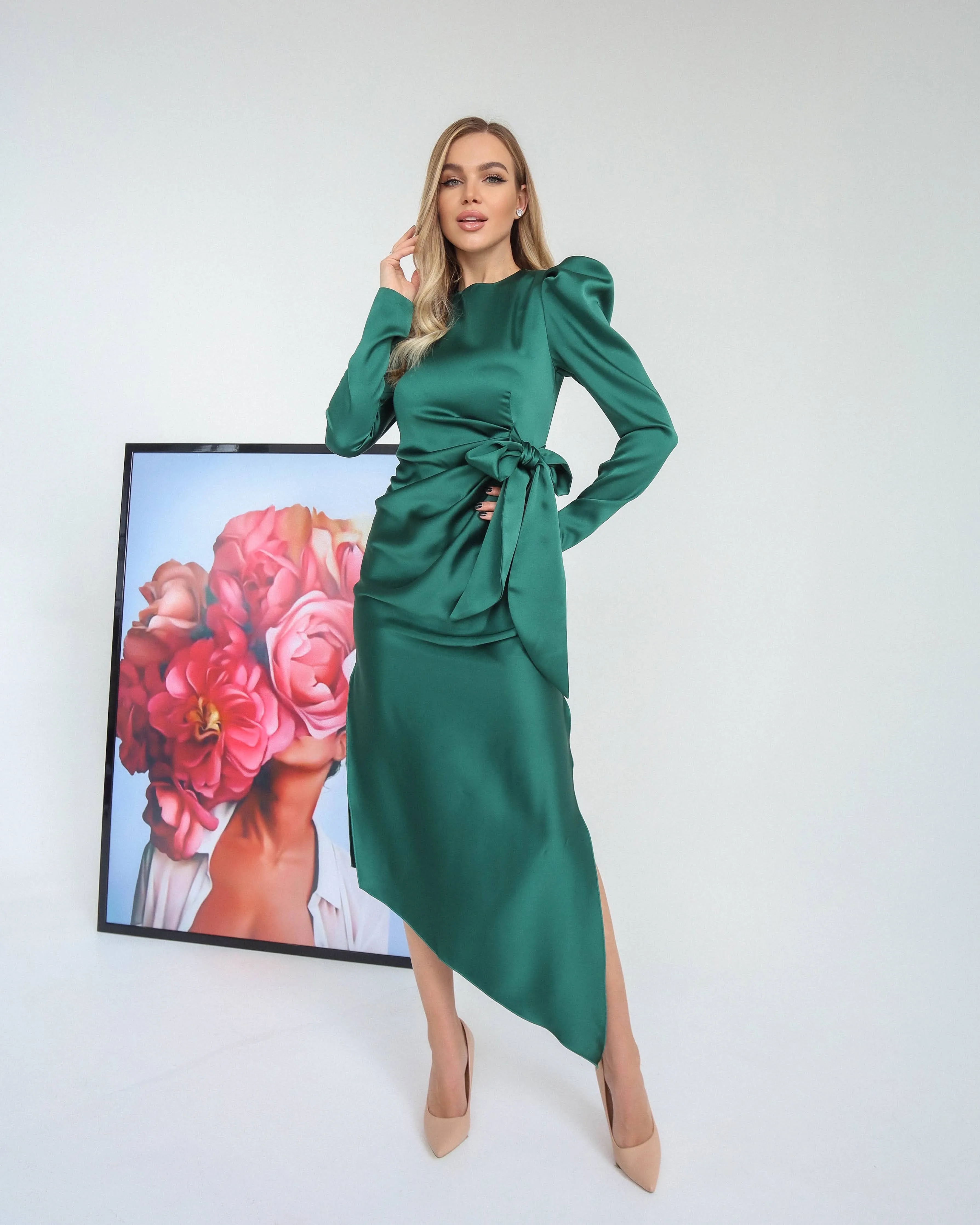 Emerald Puff Sleeve Wrap Dress