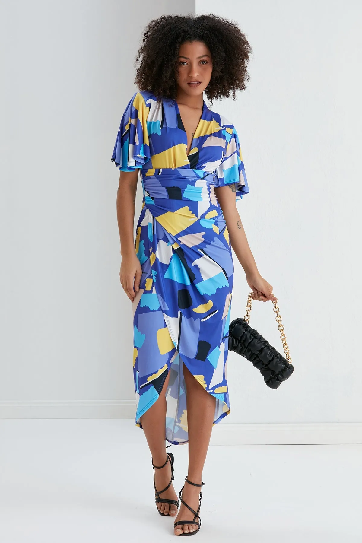 Ethereal Angel Sleeve Wrap Dress in Blue Geo Print