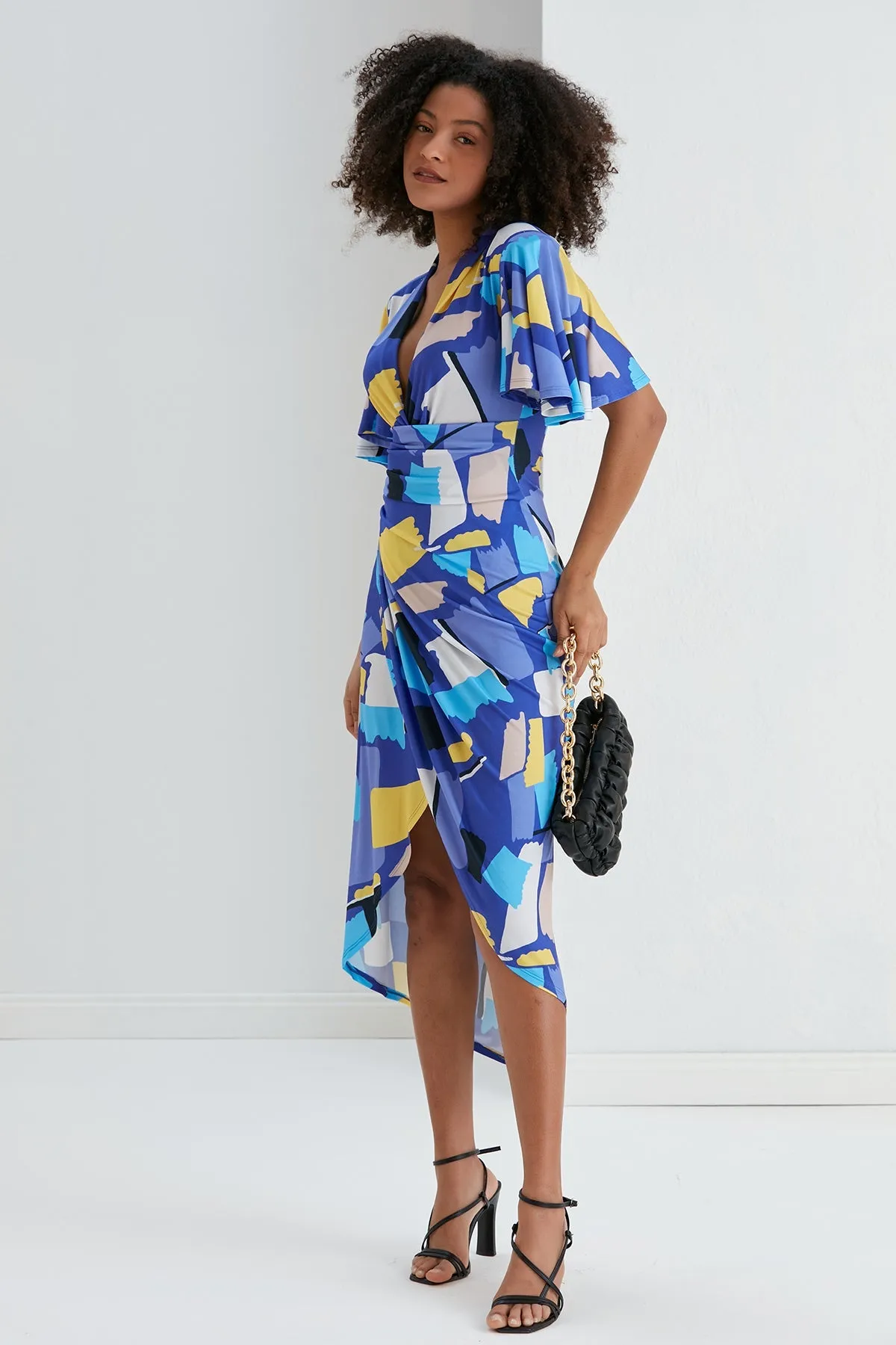 Ethereal Angel Sleeve Wrap Dress in Blue Geo Print