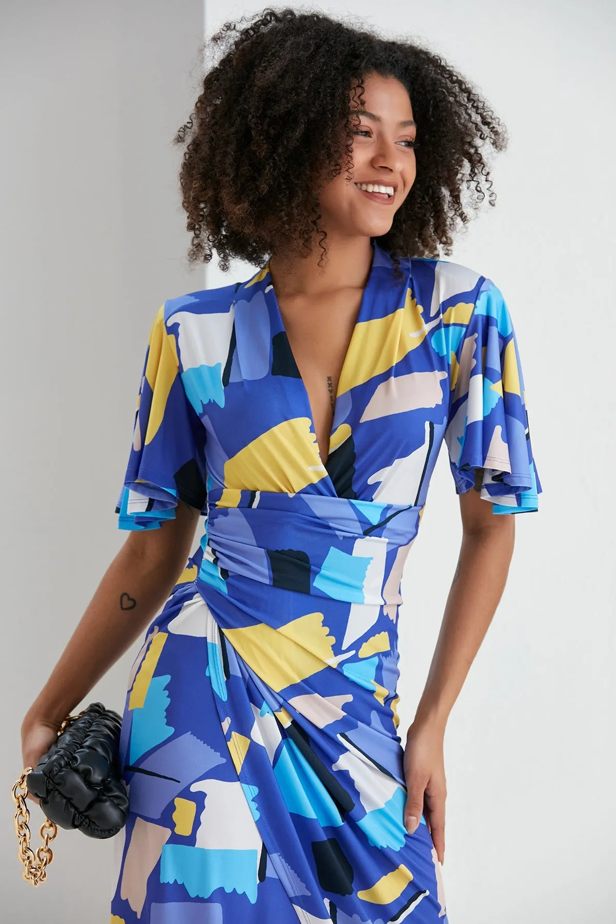 Ethereal Angel Sleeve Wrap Dress in Blue Geo Print