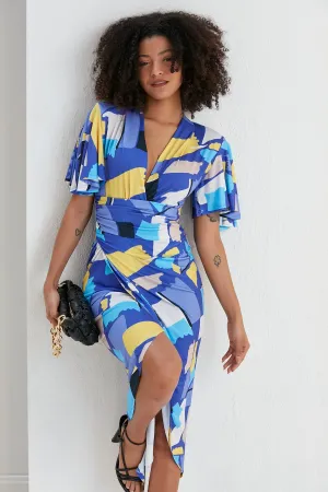 Ethereal Angel Sleeve Wrap Dress in Blue Geo Print