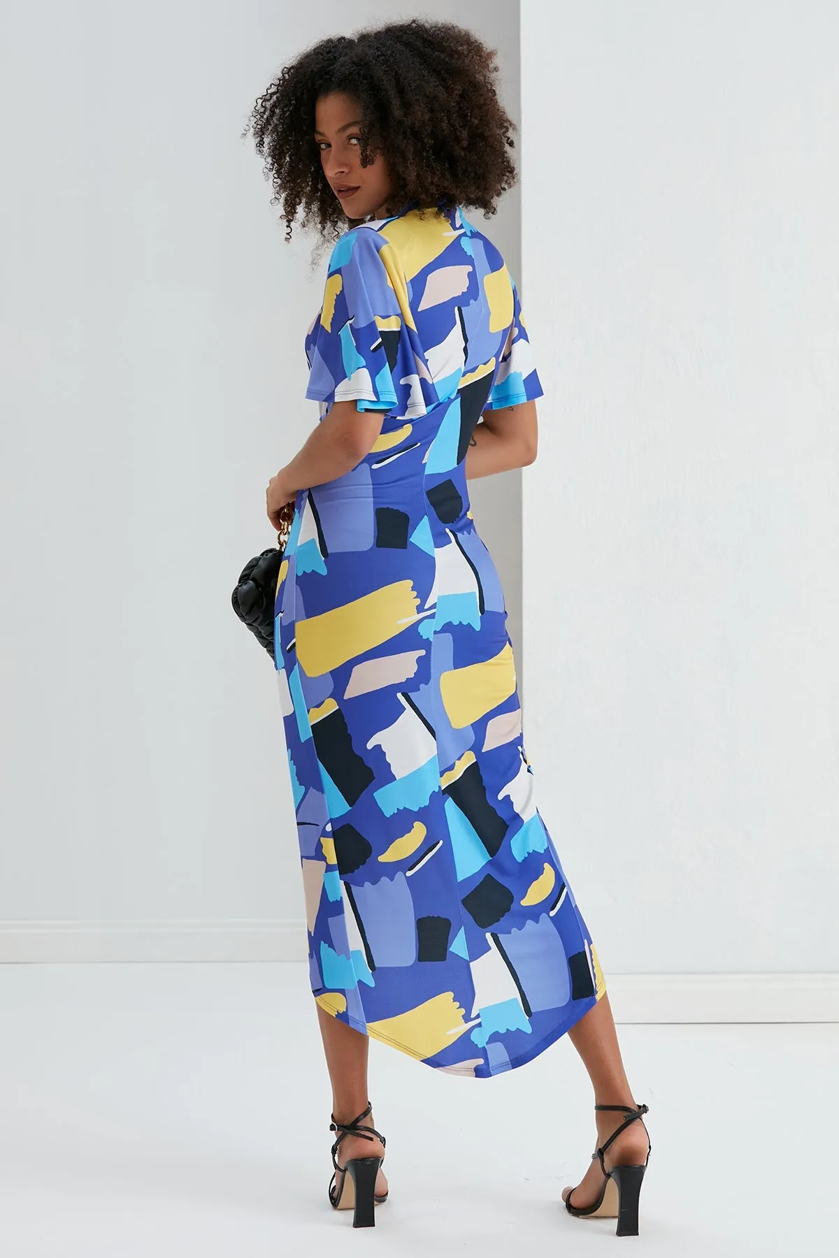 Ethereal Angel Sleeve Wrap Dress in Blue Geo Print
