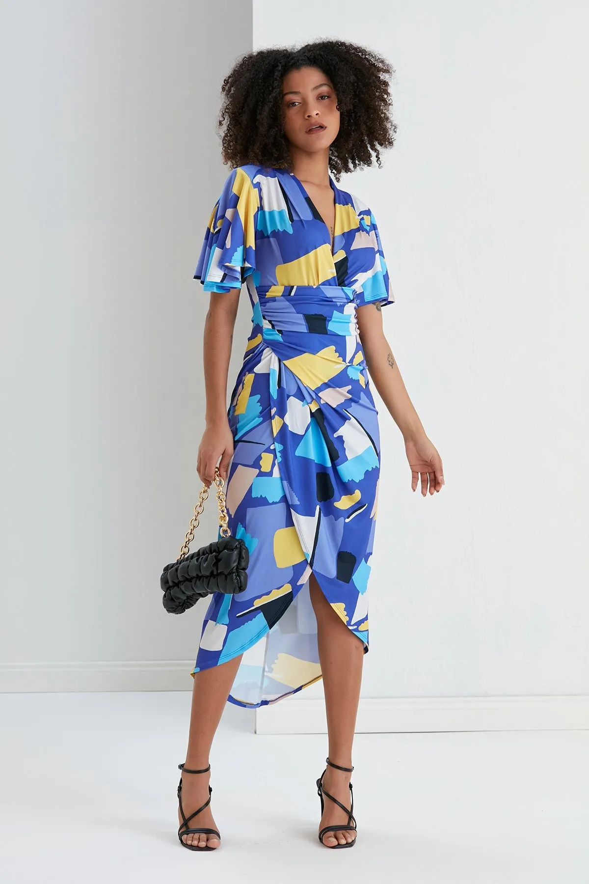 Ethereal Angel Sleeve Wrap Dress in Blue Geo Print