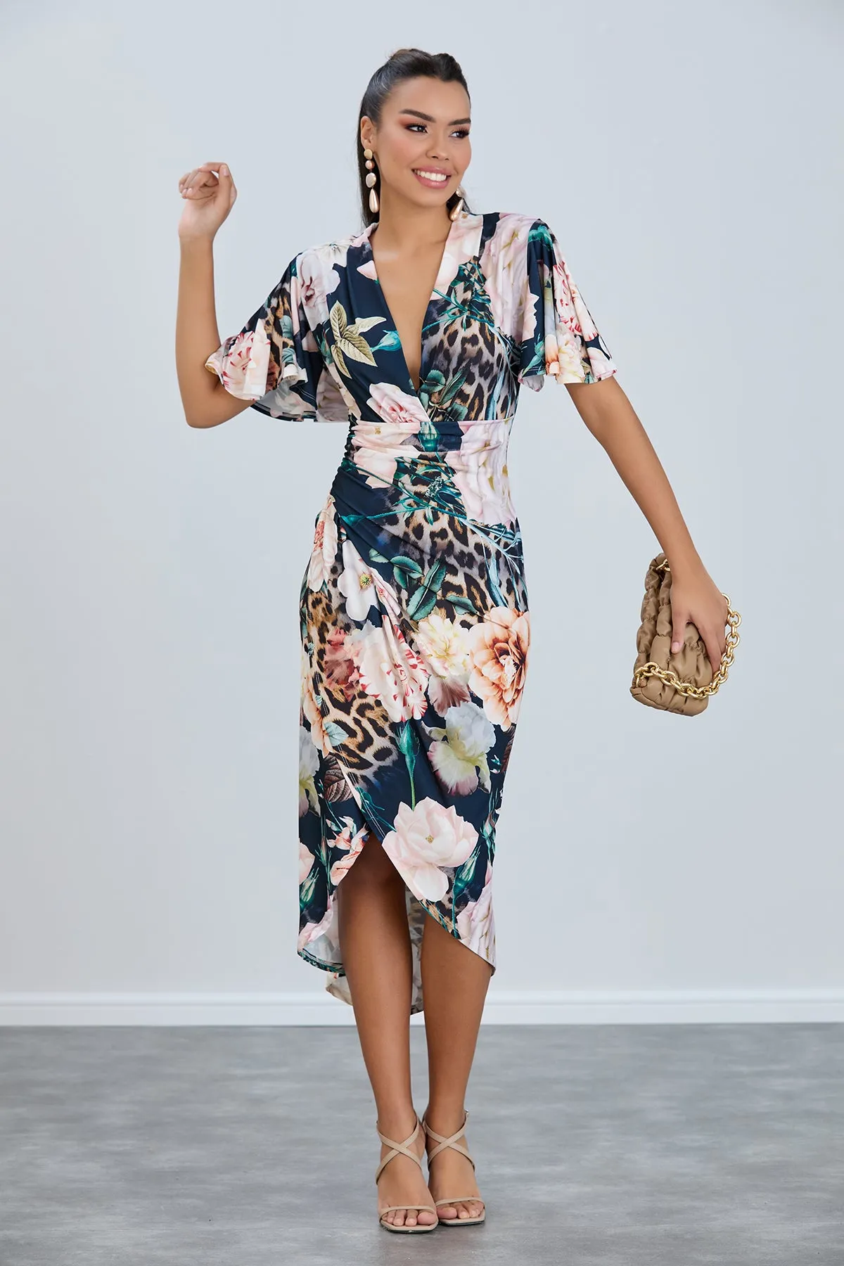 Ethereal Angel Sleeve Wrap Dress in Navy Floral Print