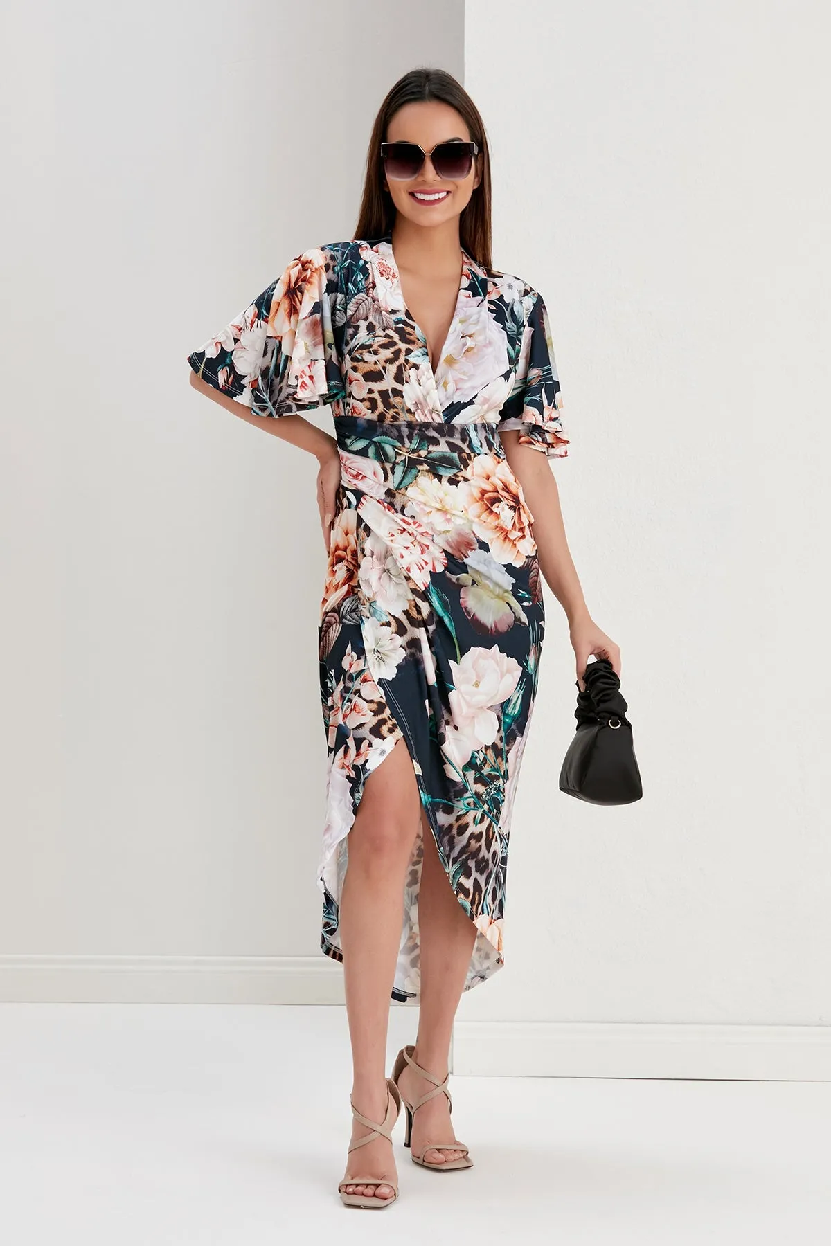 Ethereal Angel Sleeve Wrap Dress in Navy Floral Print