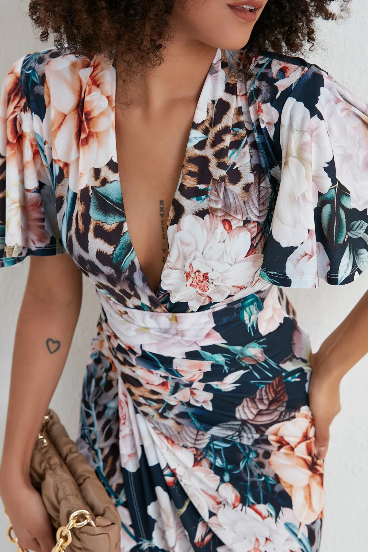 Ethereal Angel Sleeve Wrap Dress in Navy Floral Print