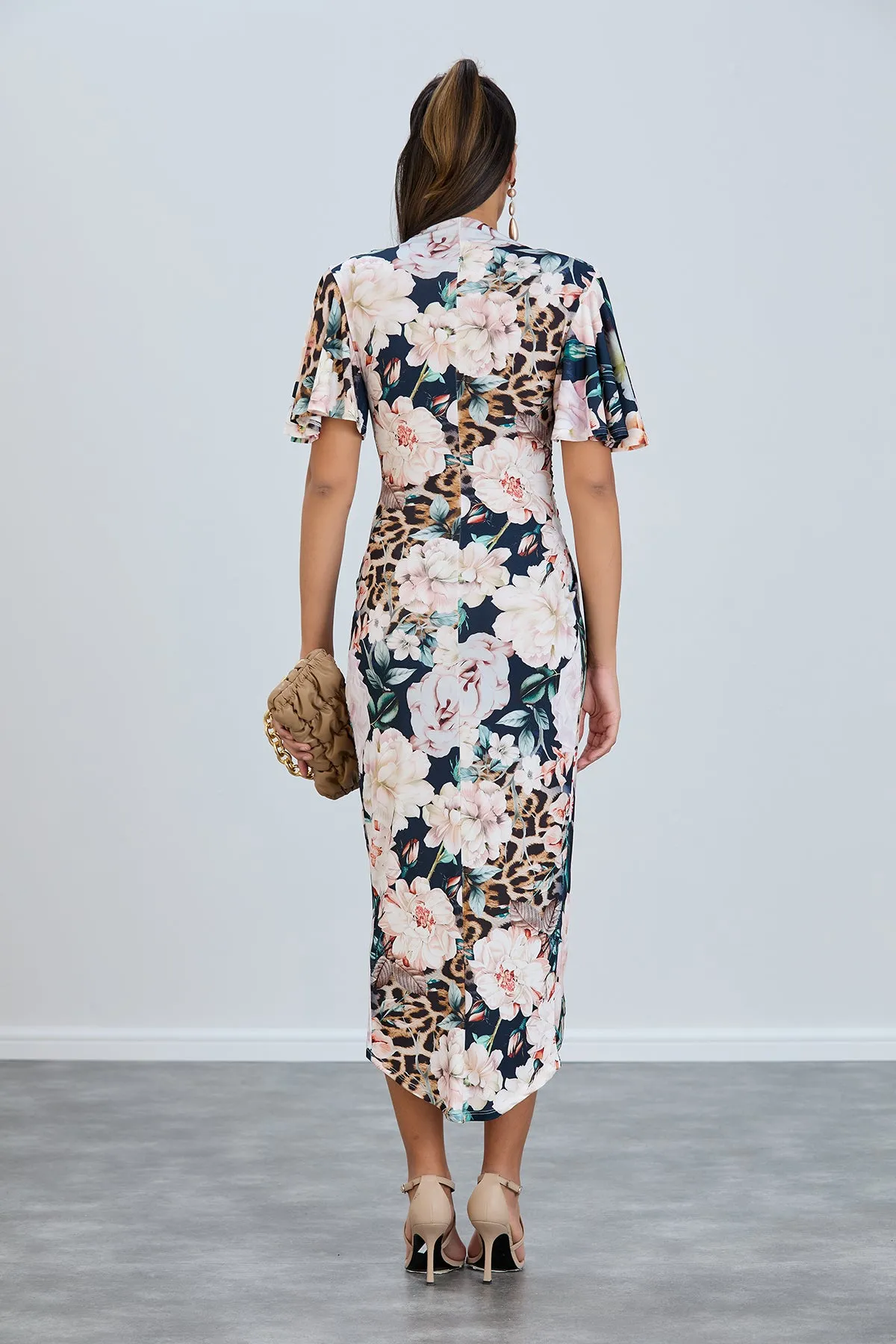 Ethereal Angel Sleeve Wrap Dress in Navy Floral Print