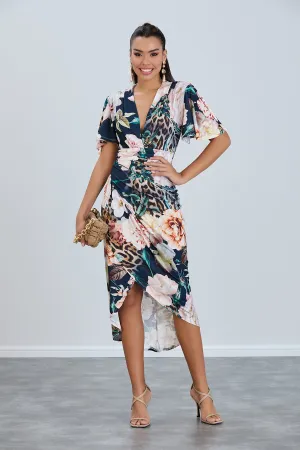 Ethereal Angel Sleeve Wrap Dress in Navy Floral Print
