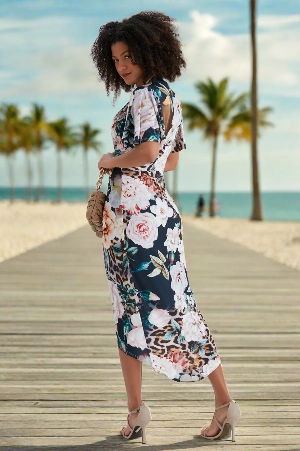 Ethereal Angel Sleeve Wrap Dress in Navy Floral Print